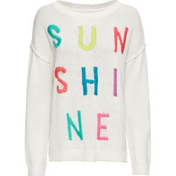 Sweter dzianinowy bonprix biel wełny wzorzysty. Białe swetry damskie bonprix, bez wzorów, z wełny, bez rękawów, bez kaptura. Za 84,99 zł.