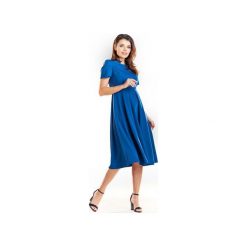 Rozkloszowana sukienka w niebieskim kolorze B253. Niebieskie sukienki damskie Awama, s, bez wzorów, z poliesteru, eleganckie, z klasycznym kołnierzykiem, z krótkim rękawem, krótkie, mini, rozkloszowane. Za 159,00 zł.