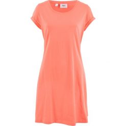 Sukienka shirtowa, krótki rękaw bonprix łososiowy. Pomarańczowe sukienki damskie bonprix, bez wzorów, bez kołnierzyka, z krótkim rękawem, krótkie, mini. Za 37,99 zł.