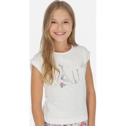 Mayoral - T-shirt dziecięcy 128-167 cm. Białe bluzki dziewczęce Mayoral, z nadrukiem, z dzianiny, z okrągłym kołnierzem, krótkie. Za 78,90 zł.
