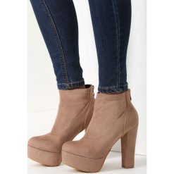 Khaki Botki Euphoria. Brązowe botki damskie lity balada, z materiału, z okrągłym noskiem, na wysokim obcasie, na zamek. Za 89,99 zł.