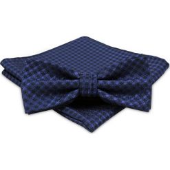 Granatowa Mucha Męska - ALTIES - w Kratkę z Taką Samą Poszetką MUALTS0374. Niebieskie muszki męskie Alties, na imprezę, w paski, eleganckie. Za 40,00 zł.