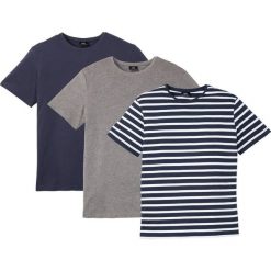 T-shirt (3 szt.) bonprix ciemnoniebieski + szary melanż + ciemnoniebiesko-biały w paski. Niebieskie koszulki męskie bonprix, xl, w paski, bez kołnierzyka. Za 83,97 zł.