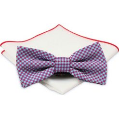 Czerwono-Szara Mucha z Białą Poszetką -CHATTIER- Męska, w Drobną Kratkę MUCH0449. Szare muszki męskie Chattier, na imprezę, w paski, eleganckie. Za 44,00 zł.