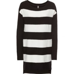 Sweter dzianinowy bonprix czarno-biel wełny. Czarne swetry damskie bonprix, w paski, z wełny, eleganckie, bez rękawów, bez kaptura. Za 49,99 zł.