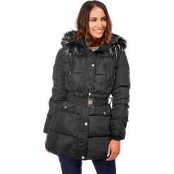 Płaszcz w kolorze czarnym. Czarne płaszcze damskie zimowe Snowie Collection, s, w paski, z tkaniny. W wyprzedaży za 227,95 zł.