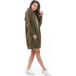 Khaki Długa Bluza Kangurka z Kapturem w Sportowym Stylu. Brązowe bluzy damskie Molly.pl, uniwersalny, bez wzorów, z długim rękawem, długie, z kapturem. Za 129,90 zł.