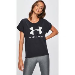 Under Armour - Top. Szare bluzki damskie Under Armour, s, z nadrukiem, z bawełny, z okrągłym kołnierzem, z krótkim rękawem. W wyprzedaży za 99,90 zł.