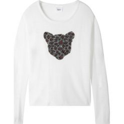 Sweter dzianinowy z cekinami bonprix biel wełny. Białe swetry dziewczęce bonprix, z aplikacjami, z wełny, bez kołnierzyka, bez rękawów, bez kaptura. Za 54,99 zł.