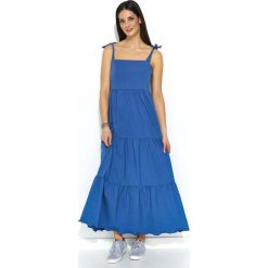 Jeansowa Maxi Sukienka z Falbankami na Ramiączkach. Niebieskie sukienki damskie Molly.pl, na plażę, na lato, xl, bez wzorów, z jeansu, wakacyjne, z falbankami, bez rękawów, maxi. Za 134,90 zł.