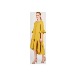 Żółta sukienka z falbankami. Żółte sukienki damskie Non tess, s, bez wzorów, z tkaniny, eleganckie, z falbankami, z krótkim rękawem, krótkie, mini. Za 249,00 zł.