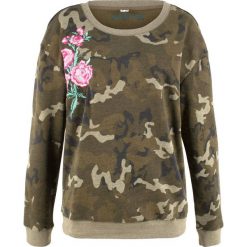 Bluza z kwiatowym haftem, z kolekcji Maite Kelly bonprix oliwkowy. Zielone bluzy damskie bonprix, z haftami, bez rękawów, bez kaptura. Za 49,99 zł.