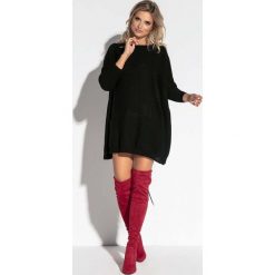 Czarna Oversizowa Tunika Swetrowa z Kieszeniami. Czarne podkoszulki damskie Molly.pl, uniwersalny, bez wzorów, z dzianiny, bez kołnierzyka, bez rękawów, długie, bez kaptura. Za 129,90 zł.
