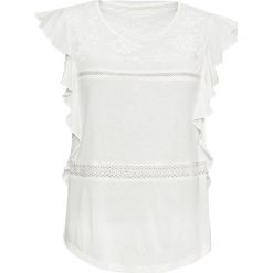 Shirt koszulowy bonprix kremowy. Brązowe koszulki damskie bonprix, w koronkowe wzory, z koronki, z koszulowym kołnierzykiem. Za 69,99 zł.