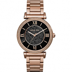 Zegarek kwarcowy "Catlin" w kolorze czarno-różowozłotym. Żółte, analogowe zegarki damskie Michael Kors, ze stali. W wyprzedaży za 627,95 zł.