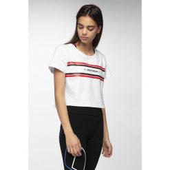 T-shirt damski TSD414 - biały. Białe t-shirty damskie 4f, bez wzorów, z elastanu, bez kołnierzyka. W wyprzedaży za 39,99 zł.