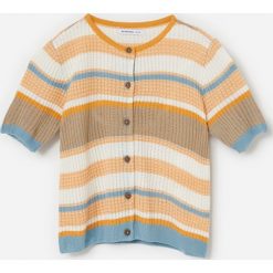 Rozpinany sweter w paski - Żółty. Żółte swetry damskie Reserved, w paski, bez rękawów, bez kaptura. Za 39,99 zł.