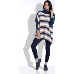 Swetry damskie: Granatowy Sweter Oversizowy w Paski z Golfem