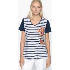 T-shirty damskie: Wzorzysty t-shirt z dekoltem w serek, bawełna czesana