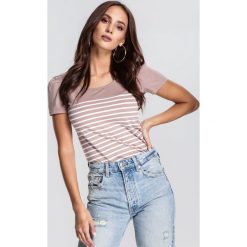 Beżowa T-shirt Mix. Brązowe bluzki damskie marki other, s, w paski, z okrągłym kołnierzem. Za 29,99 zł.