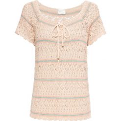 Shirt szydełkowy bonprix beżowo-niebieski mineralny. Brązowe koszulki damskie bonprix, z aplikacjami, bez kołnierzyka. Za 79,99 zł.