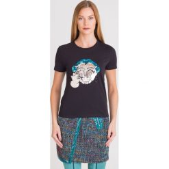T-SHIRT ELISABETTA FRANCHI. Czarne t-shirty damskie Elisabetta Franchi, z aplikacjami, z bawełny, klasyczne, z okrągłym kołnierzem. Za 424,50 zł.