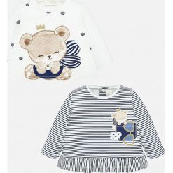 Mayoral - Longsleeve dziecięcy 60-86 cm (2-pack). Niebieskie bluzki dziewczęce Mayoral, z nadrukiem, z elastanu, z okrągłym kołnierzem, z długim rękawem, długie, bez kaptura. Za 101,90 zł.