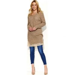 Tuniki damskie z długim rękawem: Cappuccino Sweter Tunika z Koronkową Wypustką