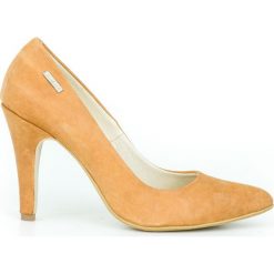 Nubukowe czółenka na szpilce - skóra naturalna - model 035 - kolor camel. Brązowe czółenka damskie Zapato, na imprezę, z nadrukiem, ze skóry, na wysokim obcasie, na obcasie. W wyprzedaży za 191,40 zł.