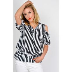 Bluzki asymetryczne: Bluzka koszulowa w czarno-białe paski ze ściągaczem