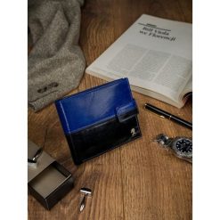 Portfel męski skórzany RFID Rovicky N01L-VT2 - czarny / niebieski. Niebieskie portfele męskie ROVICKY, bez wzorów. Za 64,99 zł.