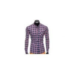 KOSZULA MĘSKA W KRATĘ Z DŁUGIM RĘKAWEM K396 - GRANATOWY/CZERWONY. Czerwone koszule męskie na spinki marki Ombre Clothing, m, z długim rękawem. Za 49,00 zł.