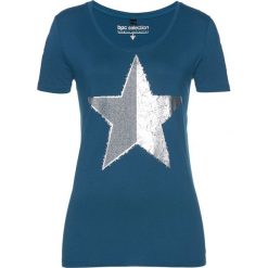 Shirt bonprix niebieskozielony morski. Zielone koszulki damskie marki bonprix, z nadrukiem, bez kołnierzyka, bez rękawów. Za 47,99 zł.