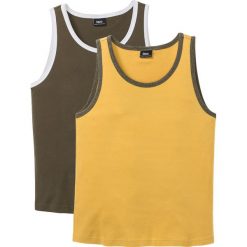 Koszulka bez rękawów (2 szt.) bonprix ciemnooliwkowy + curry. Zielone koszulki męskie bonprix, s, bez wzorów, z okrągłym kołnierzem, bez rękawów. Za 59,98 zł.