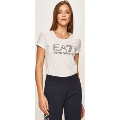 EA7 Emporio Armani - T-shirt. Czarne bluzki damskie EA7 Emporio Armani, s, z nadrukiem, z elastanu, z okrągłym kołnierzem. W wyprzedaży za 319,90 zł.