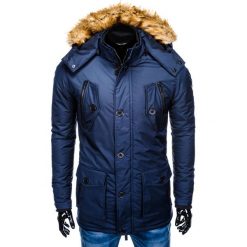 KURTKA MĘSKA ZIMOWA PARKA C361 - GRANATOWA. Niebieskie kurtki męskie marki Ombre Clothing, na zimę, s, z futra. Za 189,00 zł.