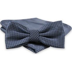 Granatowo-Szara Mucha Męska -ALTIES- z Taką Samą Poszetką, w Drobny Wzór MUALTS0510. Szare muszki męskie Alties, na imprezę, w paski, eleganckie. Za 39,00 zł.