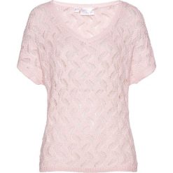 Sweter ażurowy bonprix pastelowy jasnoróżowy. Różowe swetry damskie bonprix, na lato, bez wzorów, z dzianiny, bez rękawów, bez kaptura. Za 99,99 zł.