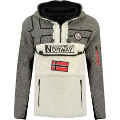 Bluza polarowa "Riakolo" w kolorze szaro-białym. Szare bluzy męskie m, z aplikacjami, z polaru, z kapturem. W wyprzedaży za 159,95 zł.