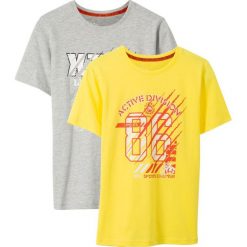T-shirt (2 szt.) bonprix jasnoszary melanż + żółty. Szare koszule chłopięce bonprix, z nadrukiem, bez kołnierzyka, bez rękawów. Za 39,98 zł.