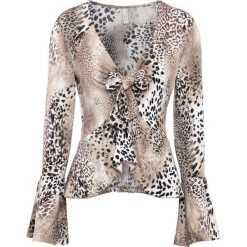Shirt z falbanami bonprix brązowy w tygrysie cętki. Pomarańczowe koszulki damskie bonprix, bez wzorów, bez kołnierzyka, bez rękawów. Za 79,99 zł.