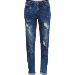 Jeansy damskie: Dżinsy Boyfriend z haftem i ozdobnymi przetarciami bonprix ciemny denim