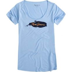 T-shirt w kolorze jasnoniebieskim. Niebieskie t-shirty damskie Pepe Jeans, xs, z nadrukiem, z okrągłym kołnierzem. W wyprzedaży za 94,95 zł.