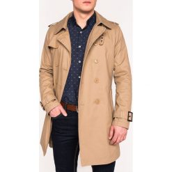 Płaszcz męski Trencz C346 - beżowy. Brązowe płaszcze męskie Ombre Clothing, m, bez wzorów, eleganckie, bez kaptura. Za 155,00 zł.