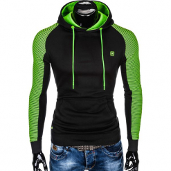 BLUZA MĘSKA Z KAPTUREM B821 - CZARNA/ZIELONA. Czarne bejsbolówki męskie Ombre Clothing, m, z bawełny, z kapturem. Za 65,00 zł.