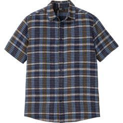 Koszula z krótkim rękawem, materiał z lnem bonprix ciemnooliwkowo-ciemnoniebieski w kratę. Zielone koszule męskie bonprix, xl, bez wzorów, z materiału, bez kołnierzyka, z krótkim rękawem. Za 89,99 zł.