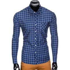 KOSZULA MĘSKA W KRATĘ Z DŁUGIM RĘKAWEM K417 - GRANATOWA/ŻÓŁTA. Żółte koszule męskie Ombre Clothing, s, bez wzorów, bez kołnierzyka, z długim rękawem. Za 39,00 zł.