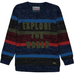 Sweter w kolorze granatowym ze wzorem. Niebieskie swetry chłopięce marki Kanz, z aplikacjami, ze splotem. W wyprzedaży za 59,95 zł.