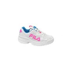 Białe sneakersy damskie Fila z różowym i niebieskim logo. Różowe sneakersy damskie z gumy. Za 199,90 zł.