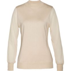 Sweter z szyfonowymi rękawami bonprix beżowy. Brązowe swetry klasyczne damskie bonprix, z szyfonu, ze stójką. Za 109,99 zł.